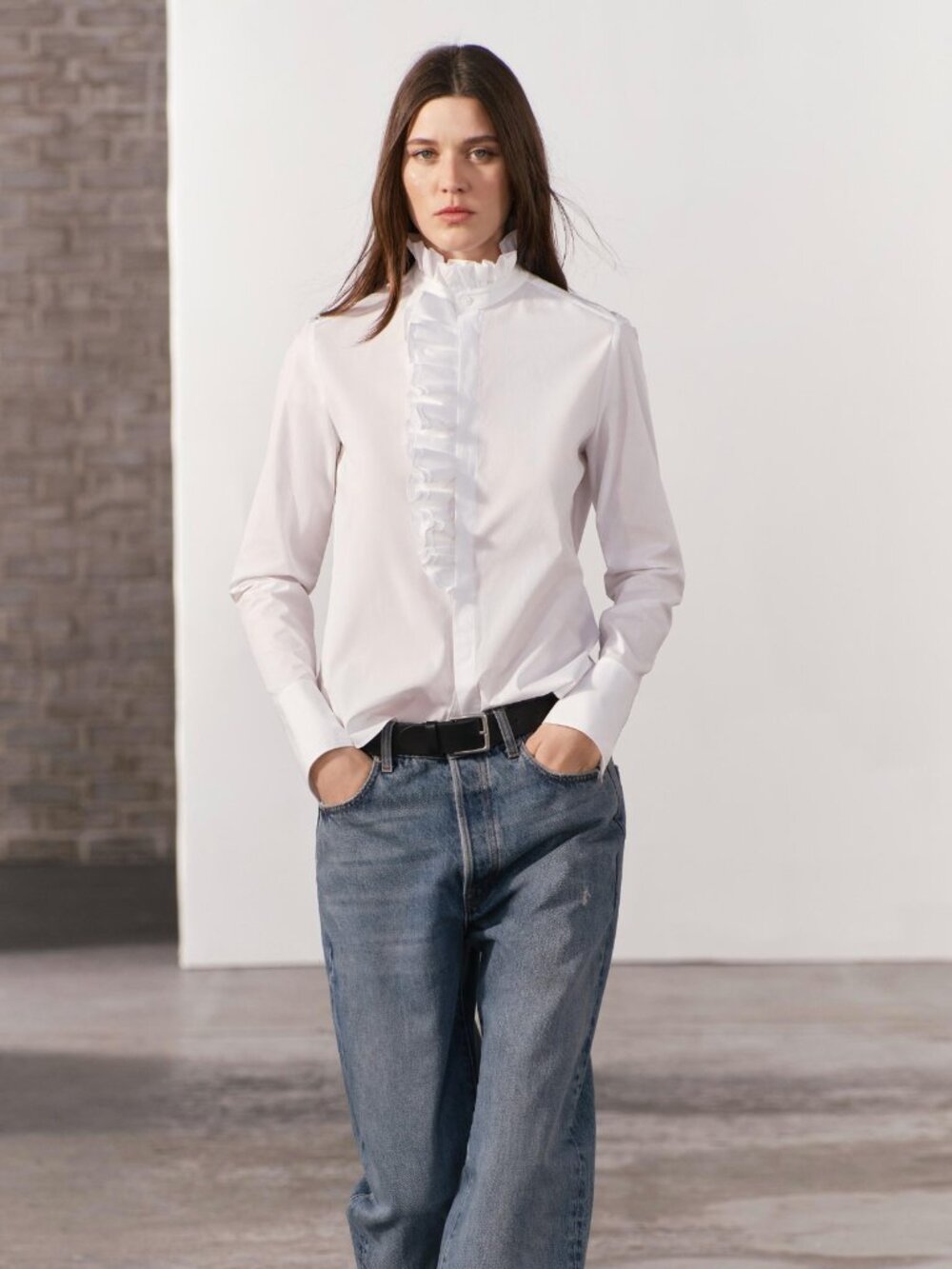NWT Zara Ruffle Front Blouse Shirt Top Womens Medium White Long Sleeve Cotton - Picture 11 of 11